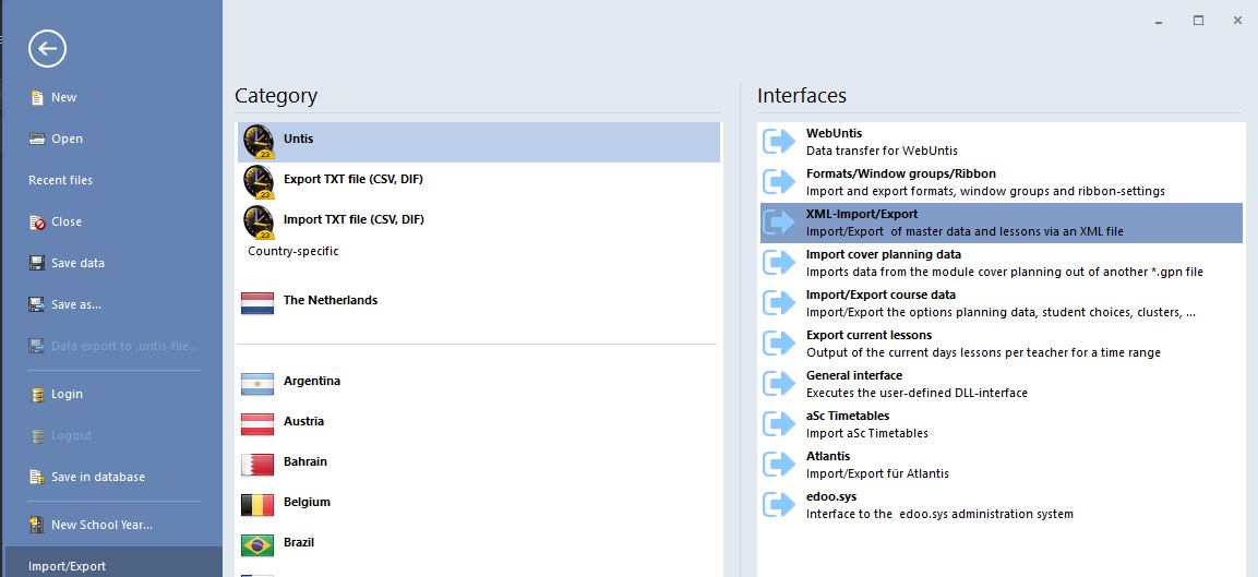 Navigeer naar de XML-Import/Export in het Untis-menu