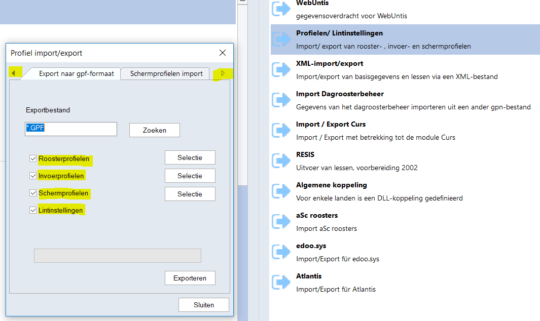 2. Exporteer eerst de profielen voor ze te importeren in de database